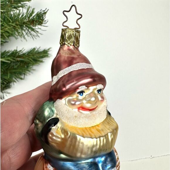 INGE GLAS Germany Glass Christmas Ornament Gnome On Log Playing Accordion - Picture 1 of 8
